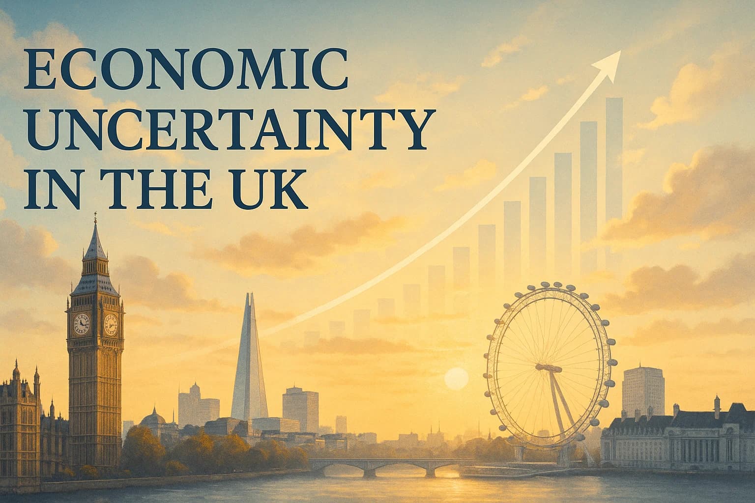 Blog Banner on the topic "Economic Uncertainty in the UK" with famous building of UK in the background.