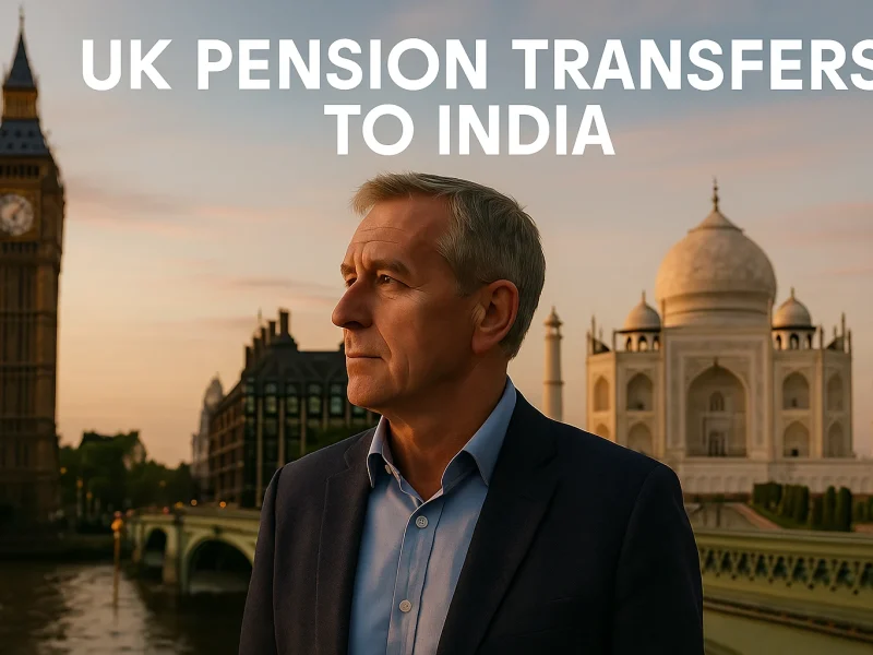 Blog banner showing an expact with half background of INDIA and half of UK. The title on the banner is "UK Pension Transfers to India"