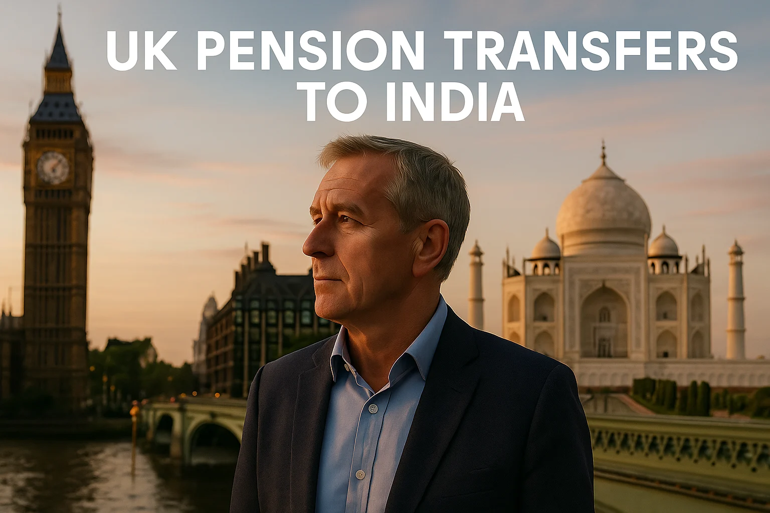 Blog banner showing an expact with half background of INDIA and half of UK. The title on the banner is "UK Pension Transfers to India"