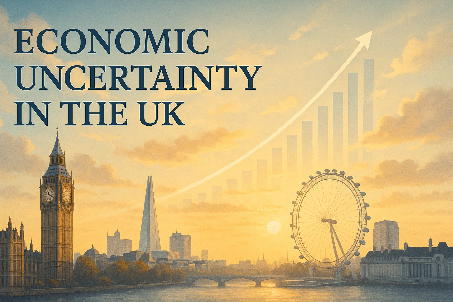 Blog Banner on the topic "Economic Uncertainty in the UK" with famous building of UK in the background.