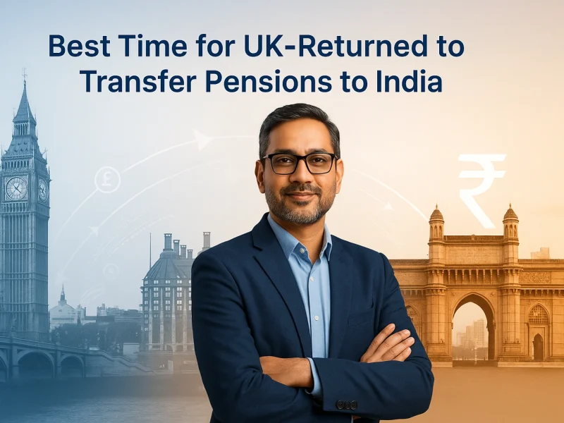 Blog Banner showing the blog title that is "Best Time for UK-Returned to Transfer Pensions to India".