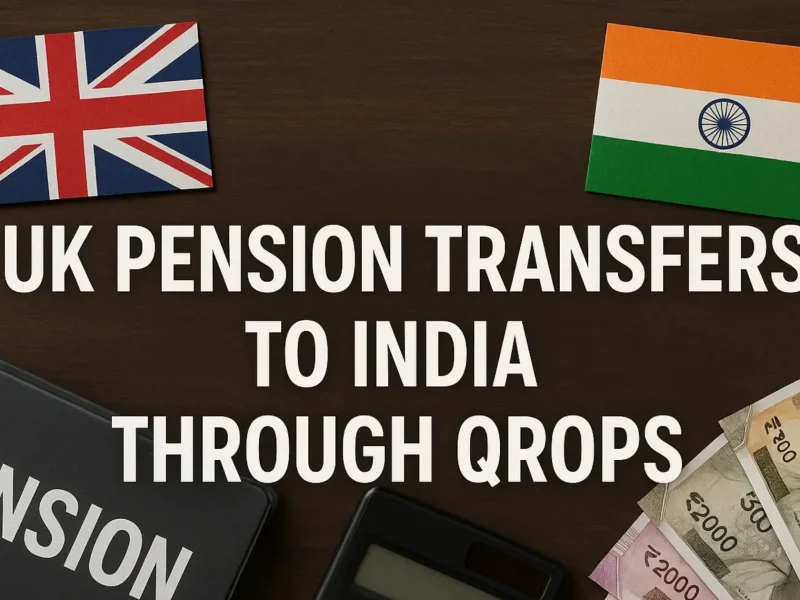 Blog banner with a text of UK Pension transfer to India. UK & Indian flag in background